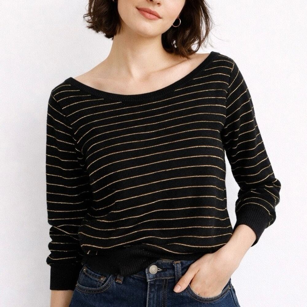 Vintage Jungle Paris Black Gold Metallic Stripe Boat Neck Sweater Size Small